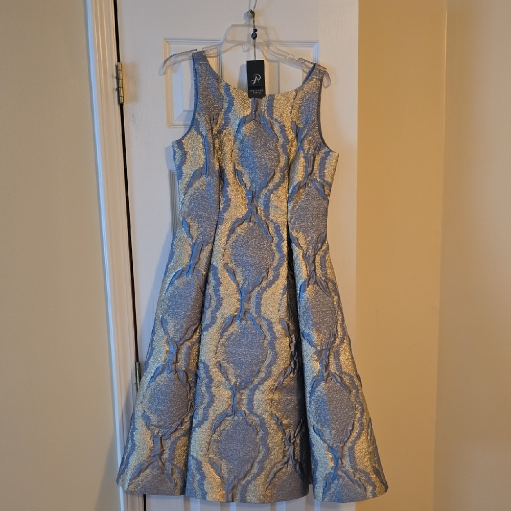 Adrianna Papell Blue and Gray A-Line Midi Dress